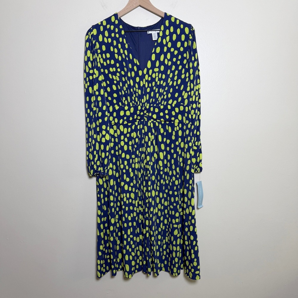 London Times Womens Dress 16 Navy Green Abstract Polka Dot Long Sleeve Mod Retro